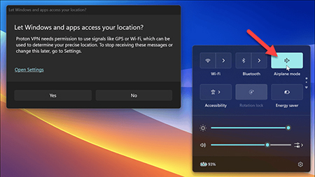 غیرفعال کردن ردیابی مکان ویندوز 11, فعال کردن حالت هواپیما ویندوز 15