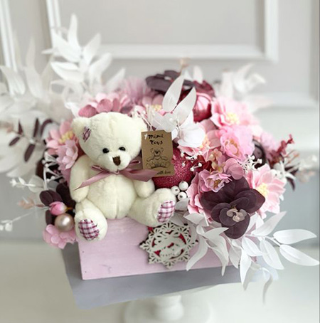 نمونه هایی از تزیین باکس گل و خرس, تزیین باکس گل و خرس لاکچری, انواع تزیین باکس گل و خرس